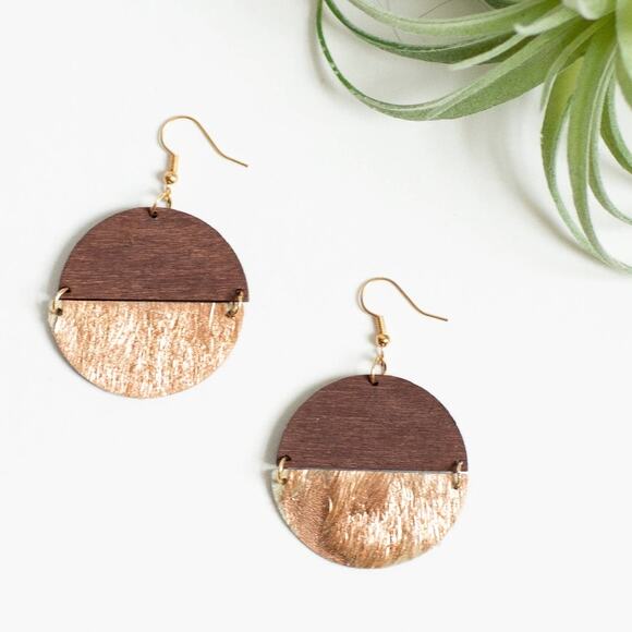 Georgia Rose Gold Wood Dangle Hinged Earrings - Picture 2 of 2